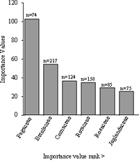 The top six ecologically dominant tree families of the 0.5-hectare plot in Forest Park ranked in decreasing order by importance values and tree abundance for each family.
